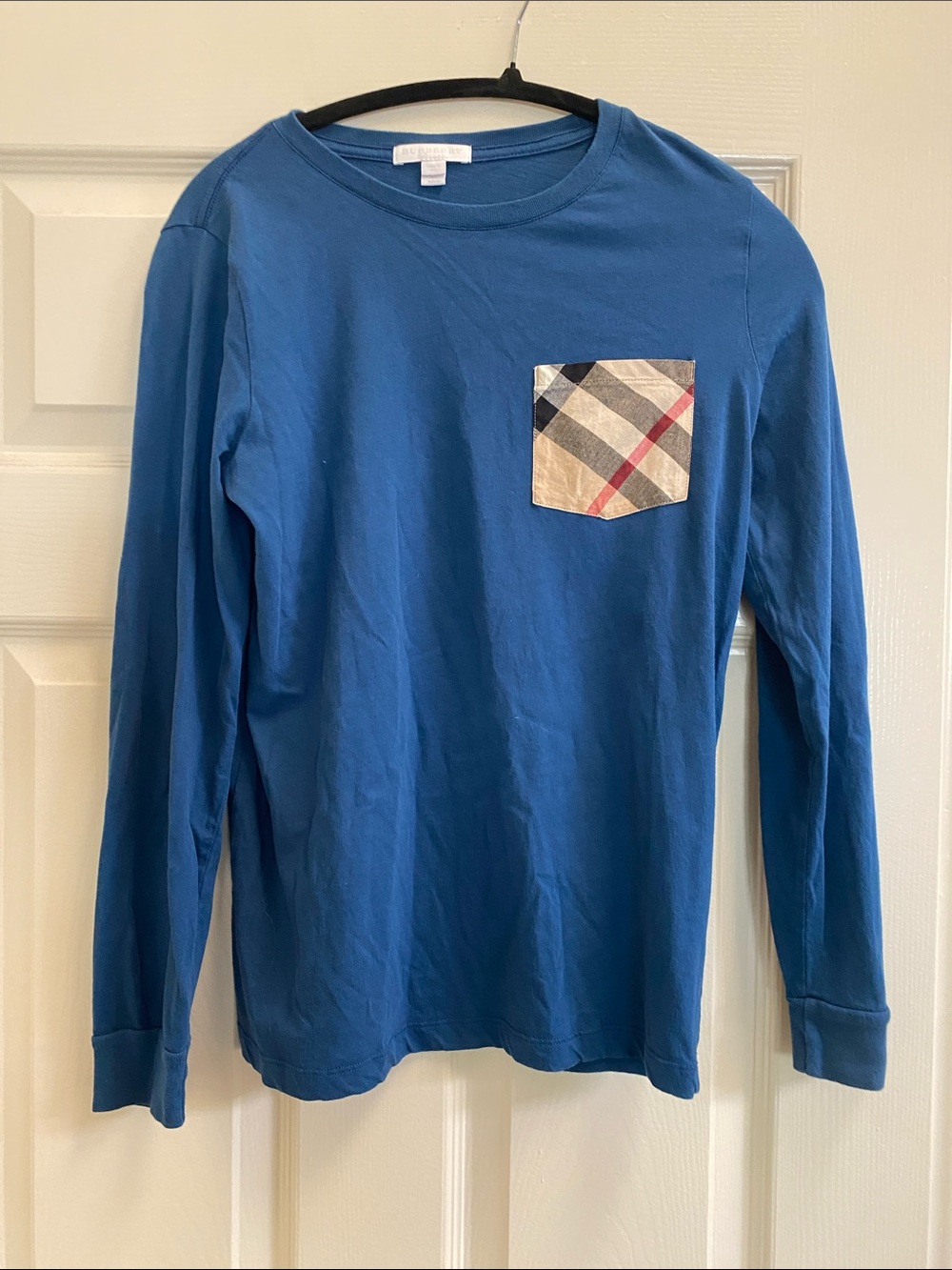 Burberry Blue Long-Sleeve Tee with Signature Plaid Pocket